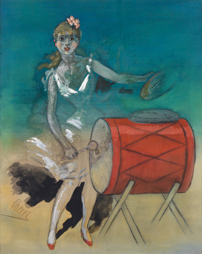 JULES CHÉRET (1836-1932). [GIRL WITH DRUM.] Gouache and charcoal on paper. 38x30 inches, 97x77 cm.